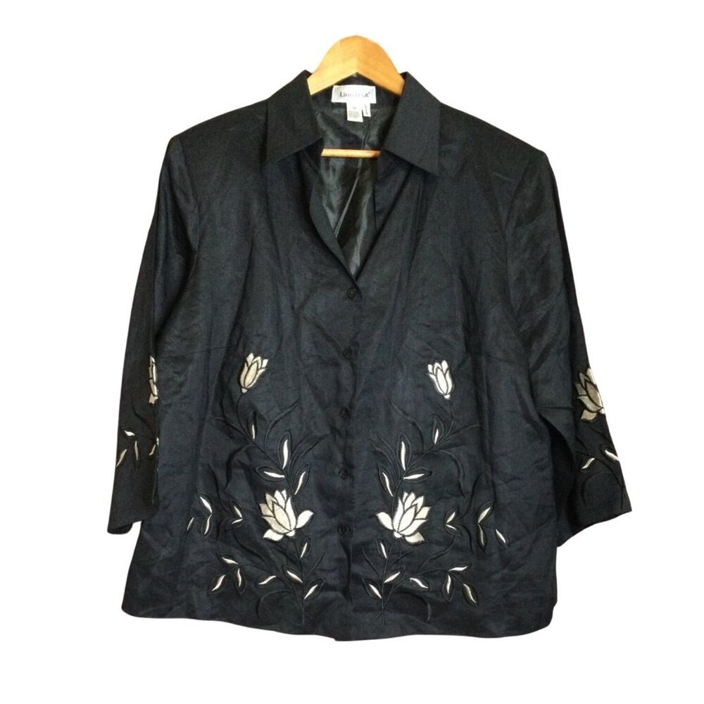Womens Black Linen Embroidered Floral Button Up Shirt Jacket Top 3X Lino USA Whi